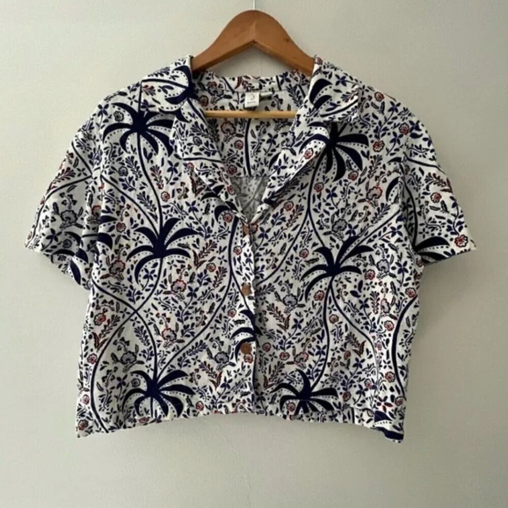 Joie Linen Blend Resort Top L NWOT Cropped Boho Palm Tree Print Trip Beach Boxy